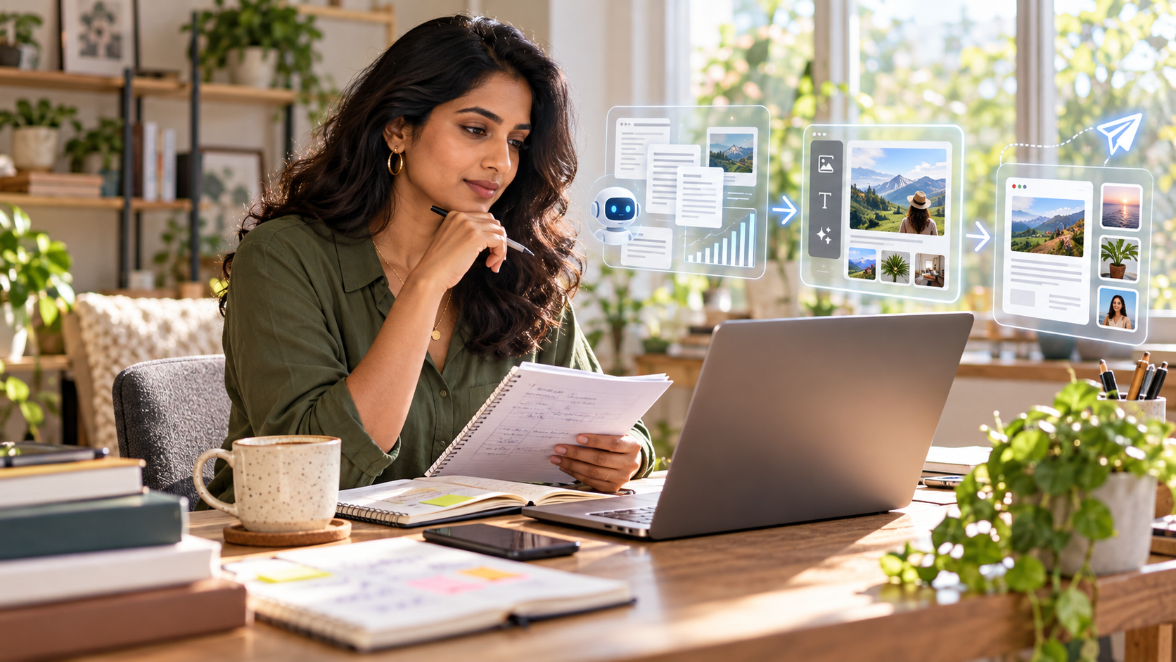South Asian woman content strategist editing a business article on a laptop