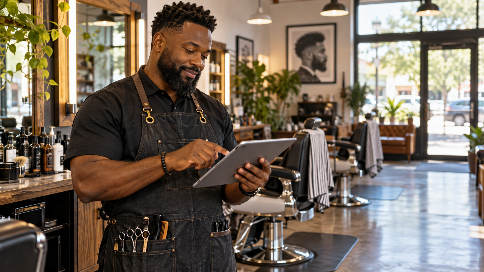 Black male barber checking appointment bookings and rebooking messages