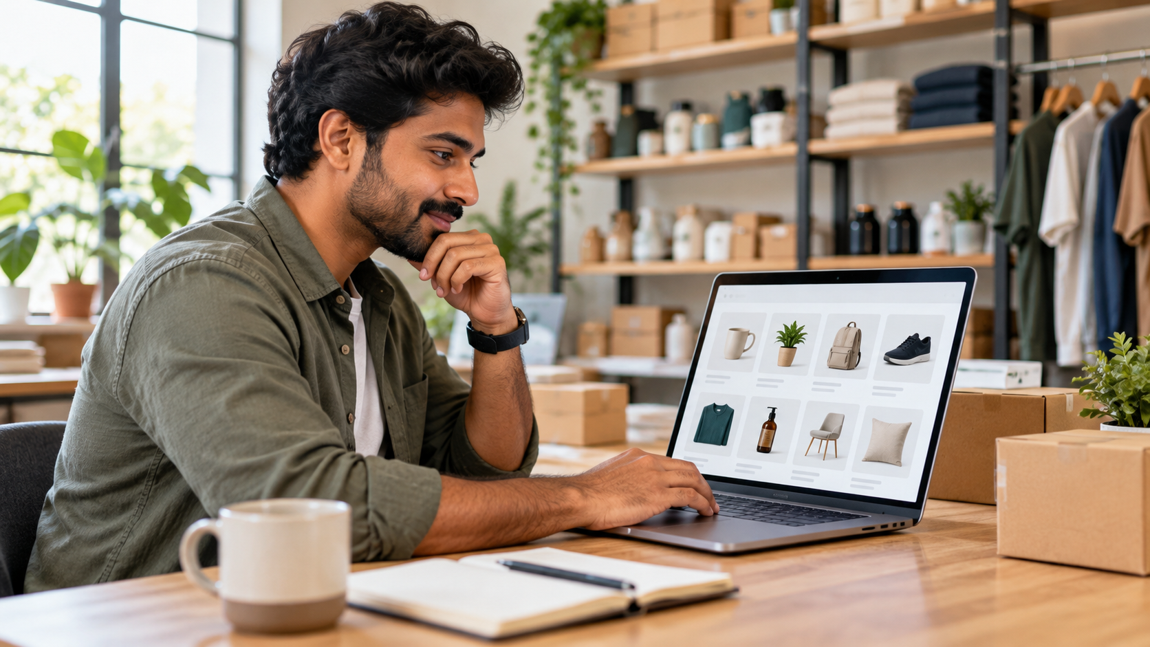 South Asian ecommerce owner reviewing an organized product catalog on a laptop