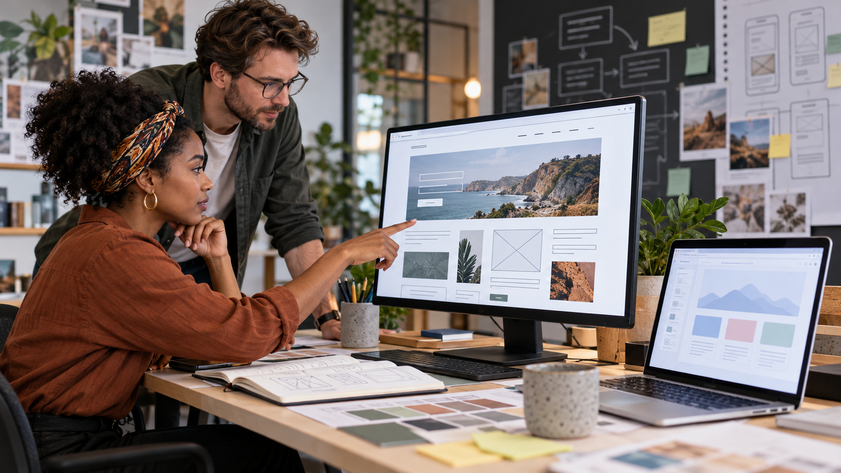 Diverse web development team planning a custom business website around customer goals