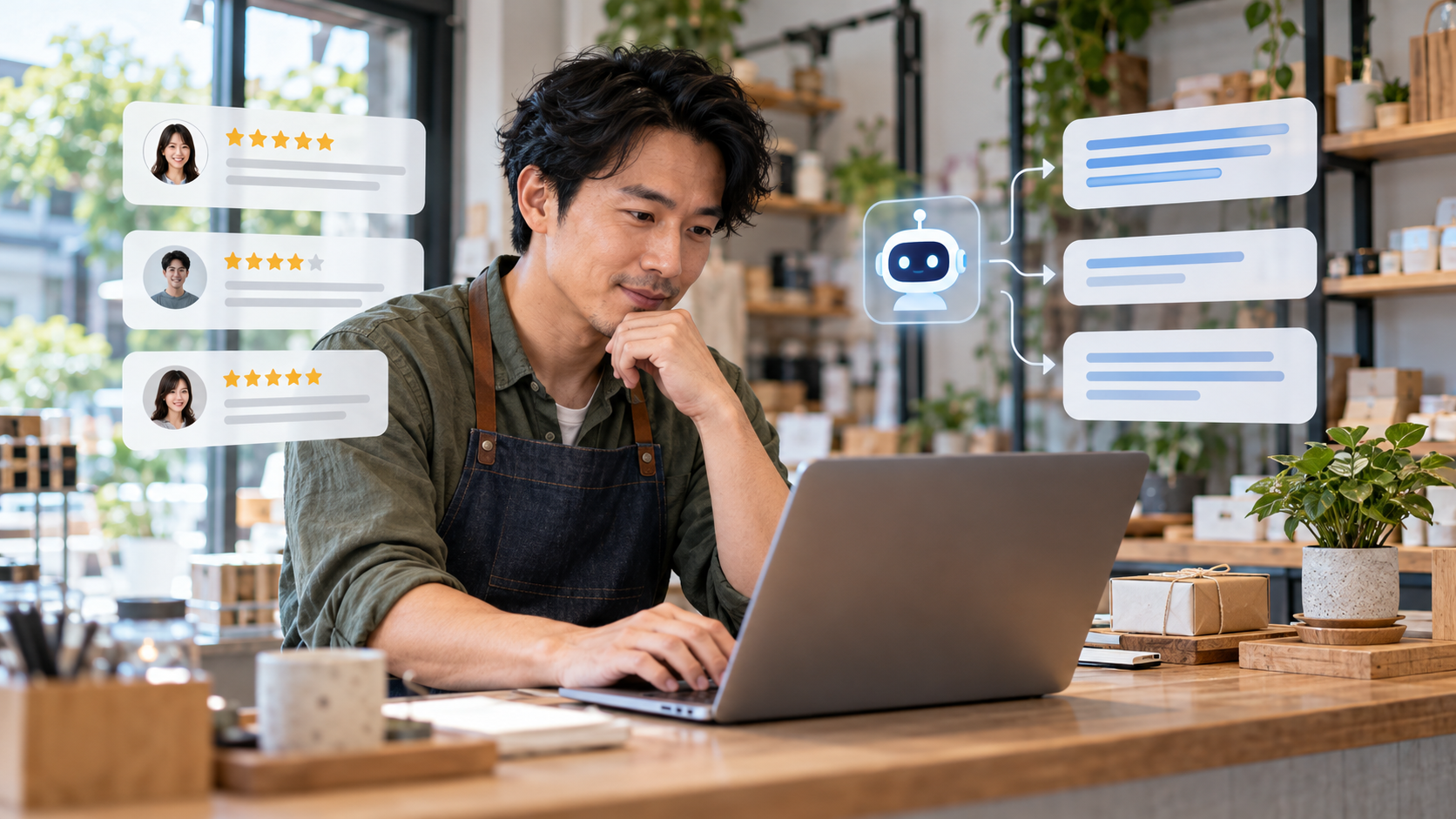 East Asian male community manager reviewing audience messages on a laptop