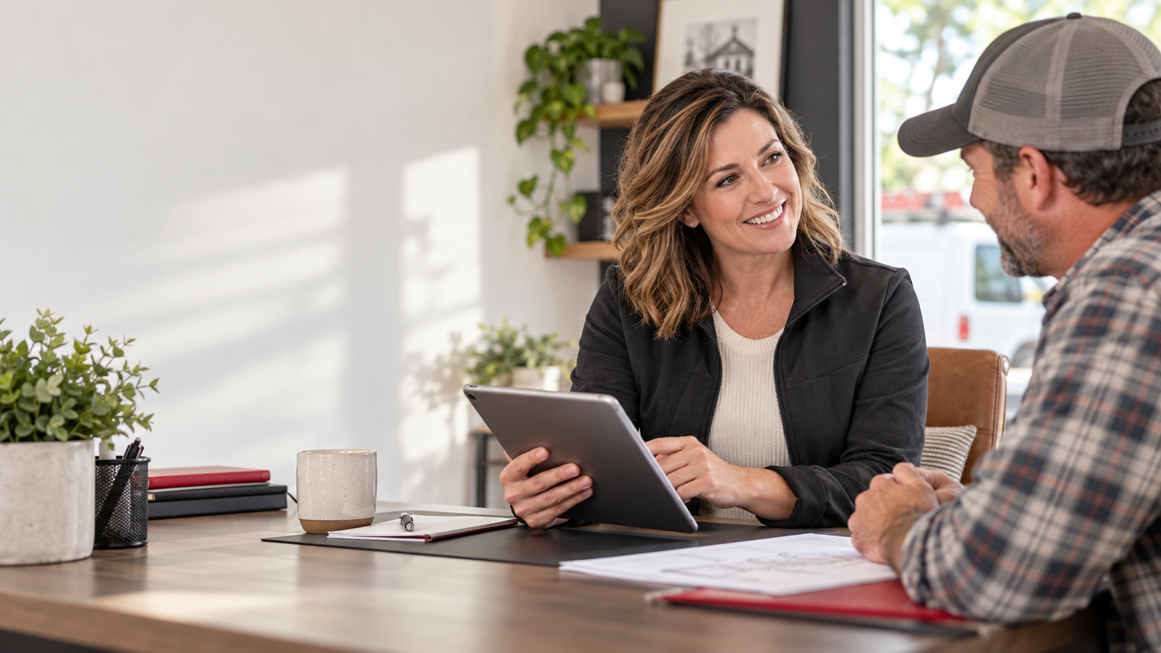 Small business owner reviewing lead follow-up messages on a laptop in a bright office