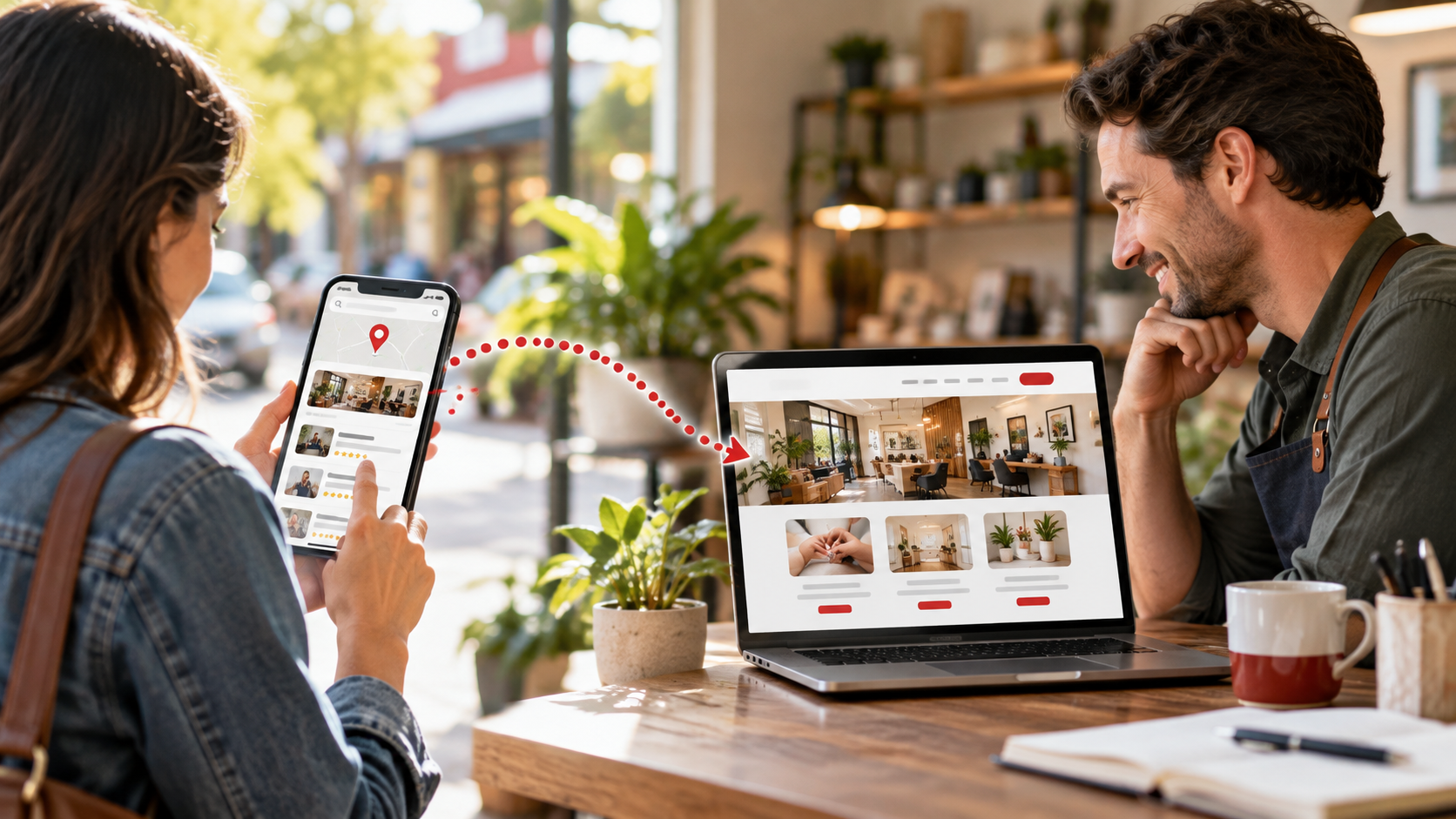 Business owner viewing website traffic and customer inquiries on a laptop