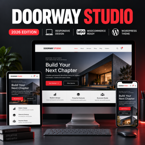 Square Doorway Studio WordPress theme promotion showing responsive desktop, tablet, and phone website layouts.
