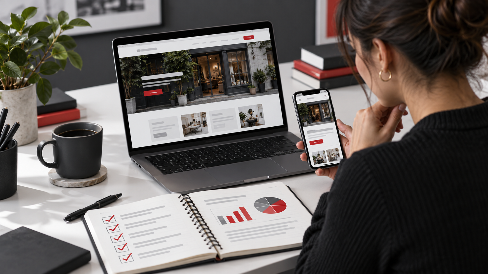 Small business owner reviewing a marketing plan and performance analytics on a laptop