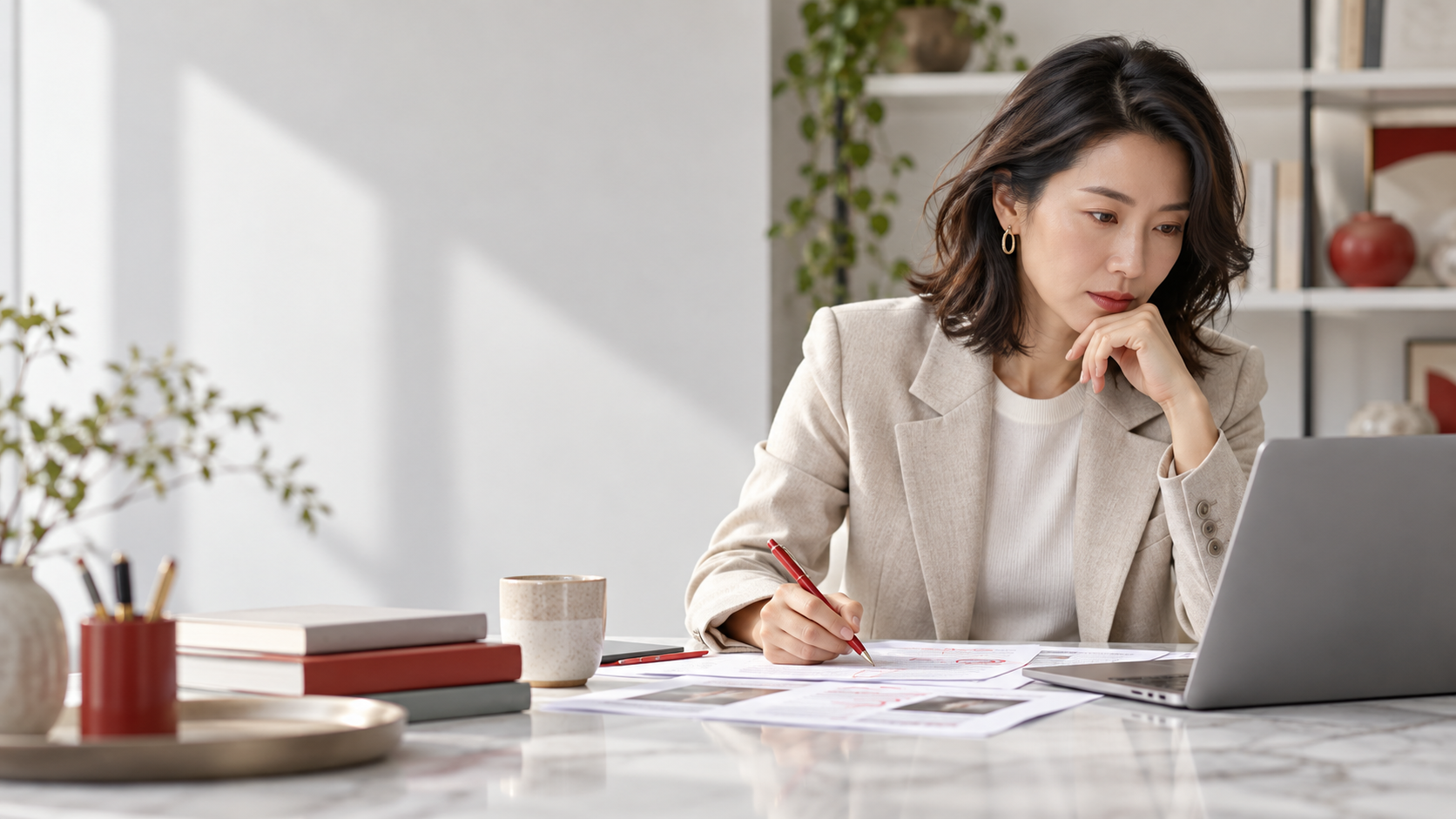 Small business marketer reviewing AI generated campaign ideas on a laptop before publishing