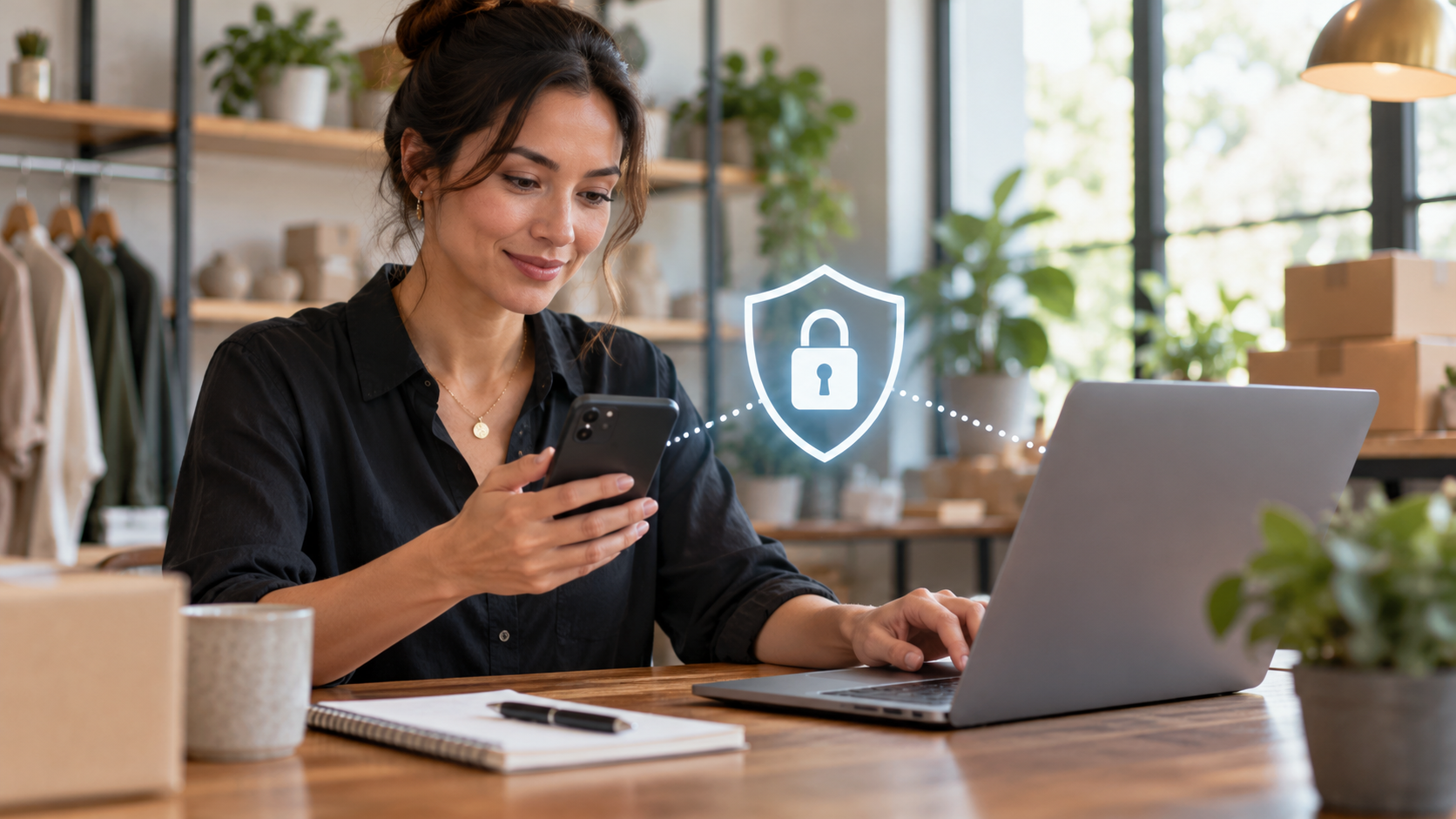 Small business owner monitoring online reviews and brand mentions on a phone