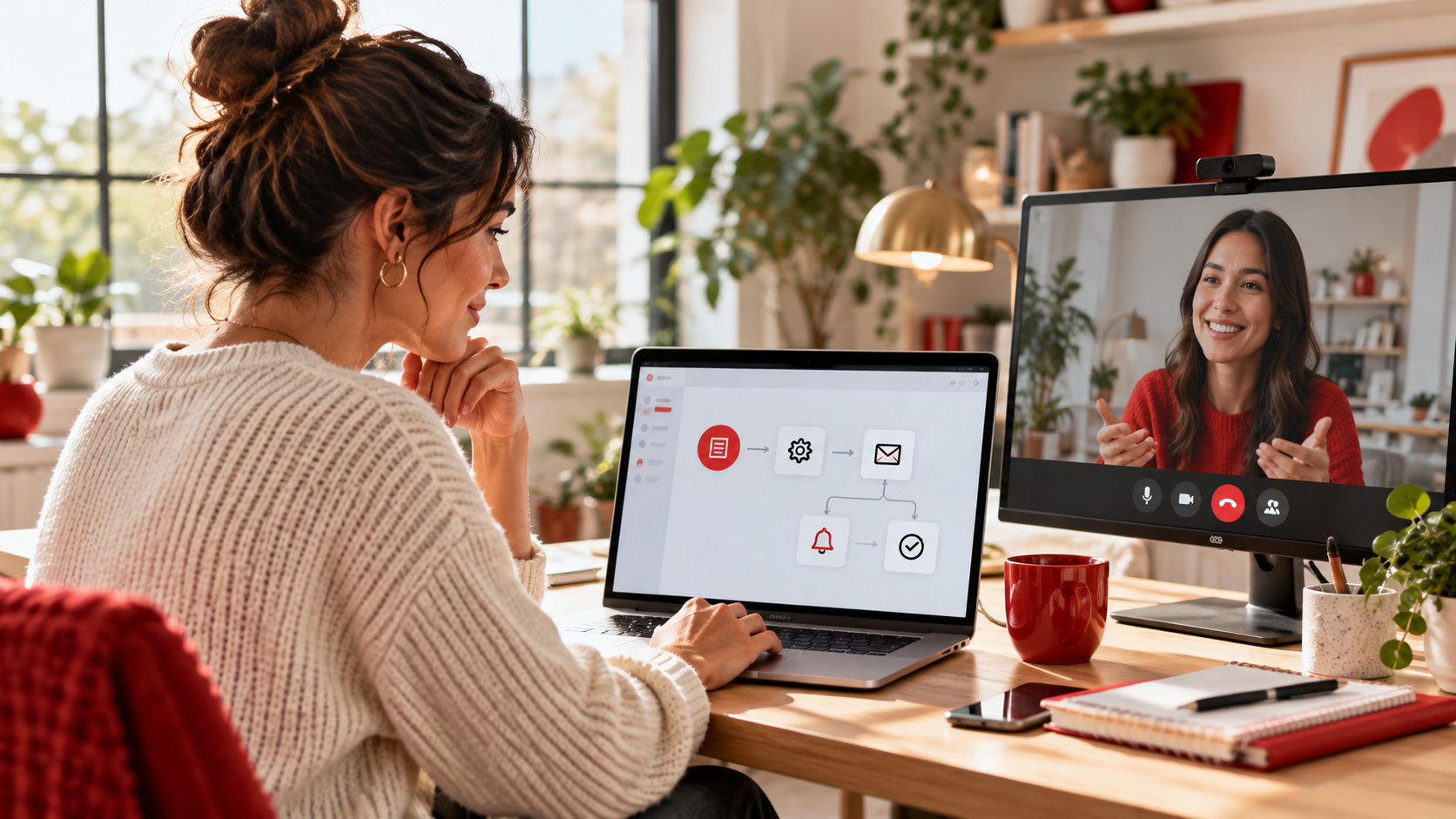 Small business owner comparing automated workflows and assistant support on a laptop