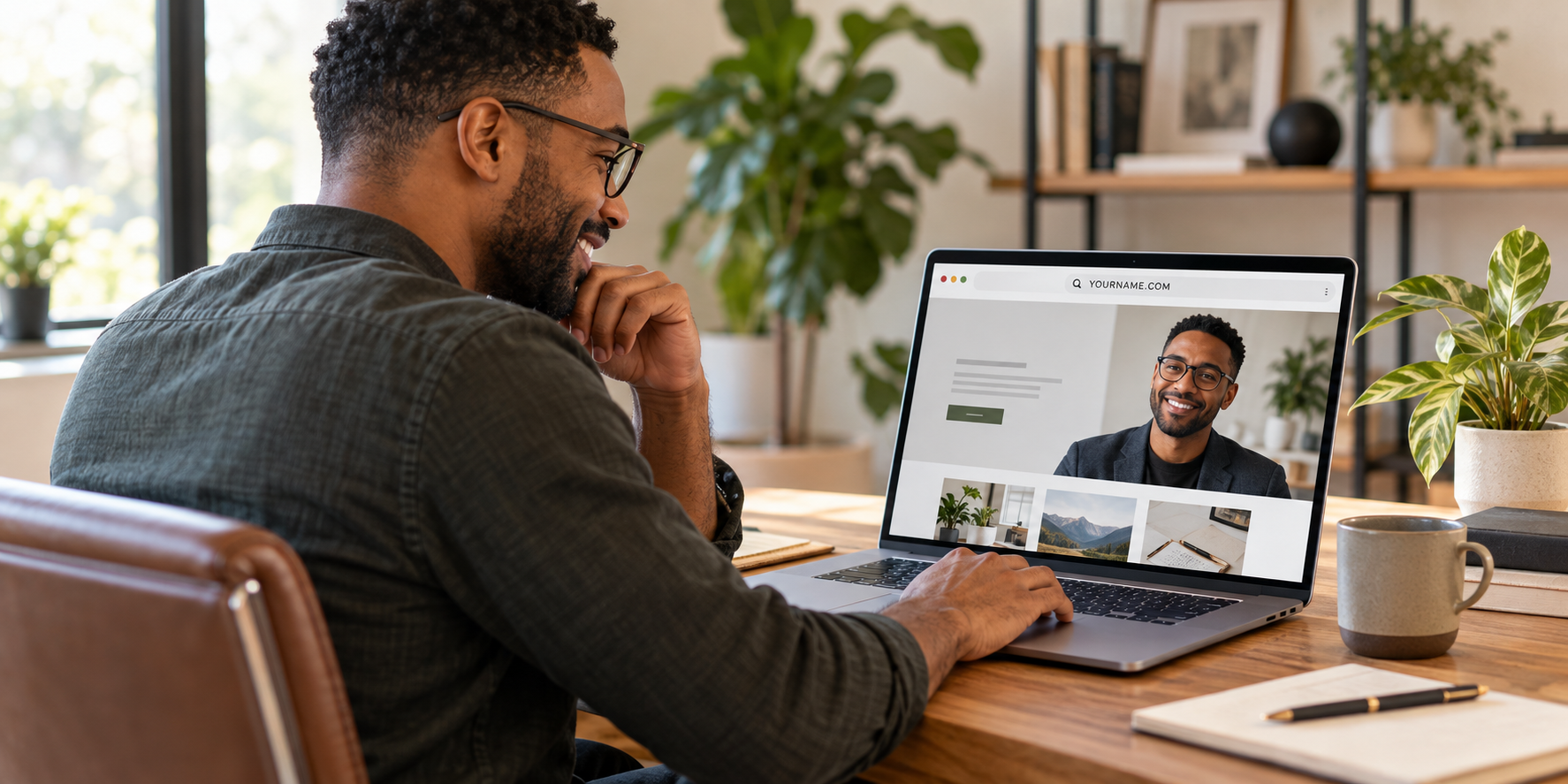 Black male professional reviewing his personal website at YOURNAME.COM