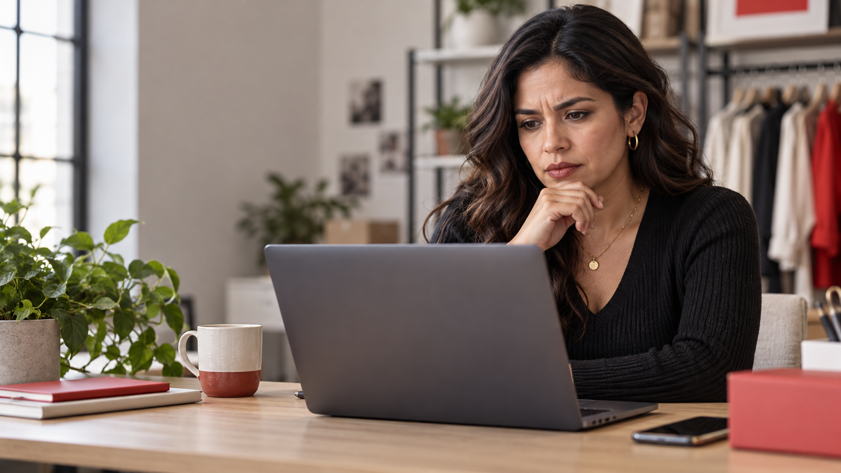 Small business owner reviewing a suspicious social media account that appears to copy her brand