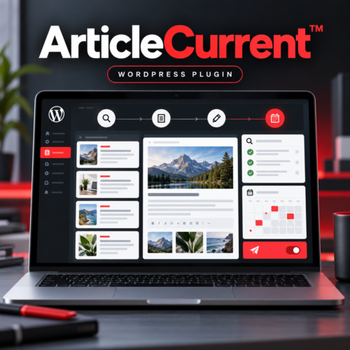 ArticleCurrent™ WordPress plugin promotional artwork for AI article research and publishing