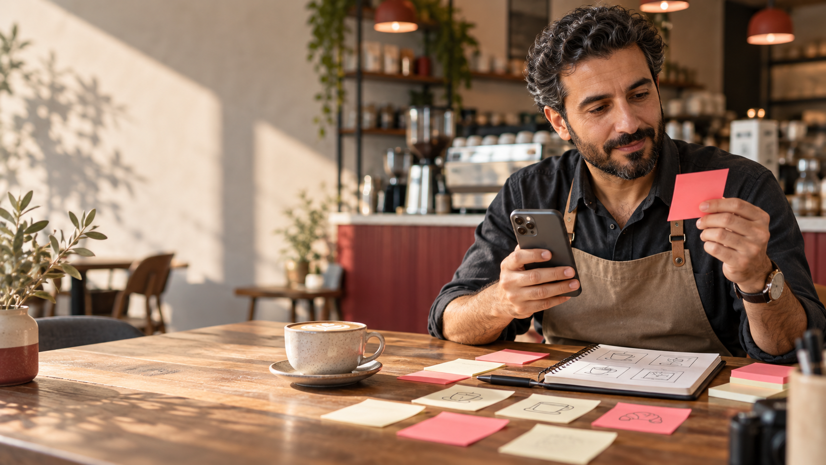 Small business owner planning a month of useful social media posts with a notebook and smartphone