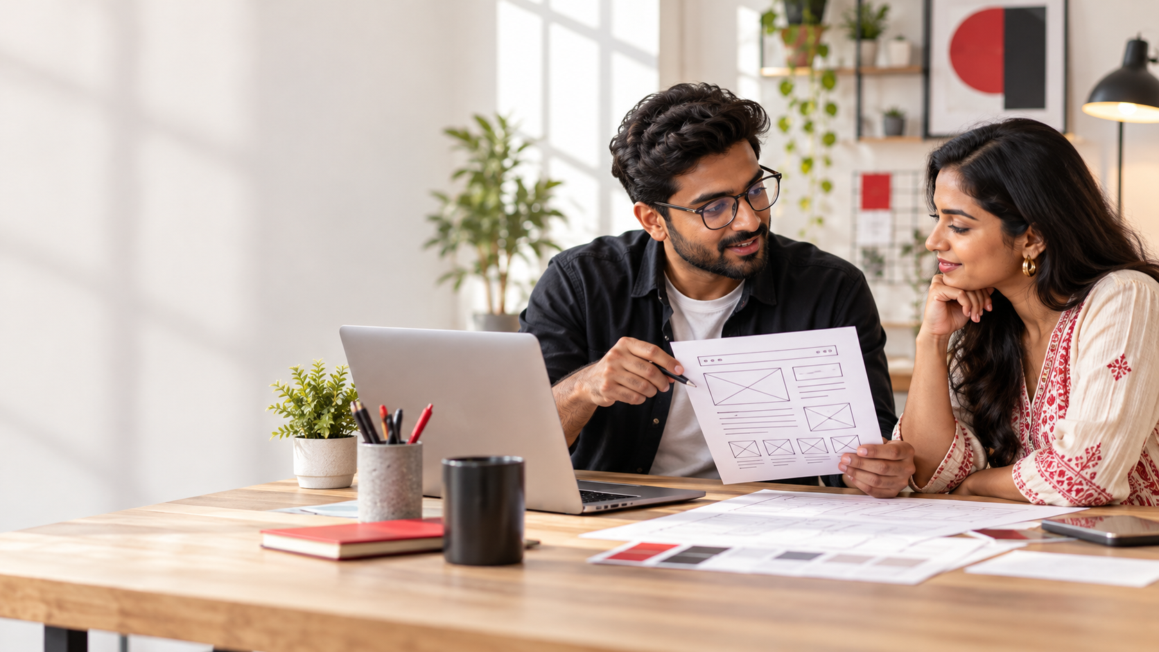 Small business owner and web designer reviewing a clear service-business homepage on a laptop