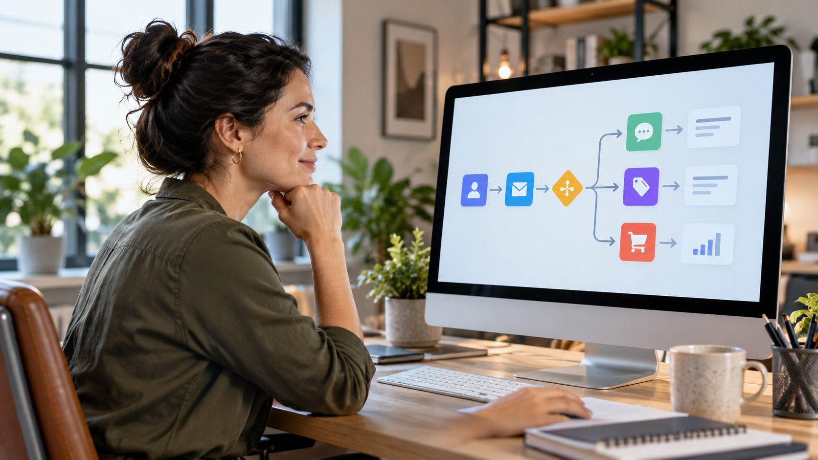 Small business marketer using an AI-assisted content planning dashboard