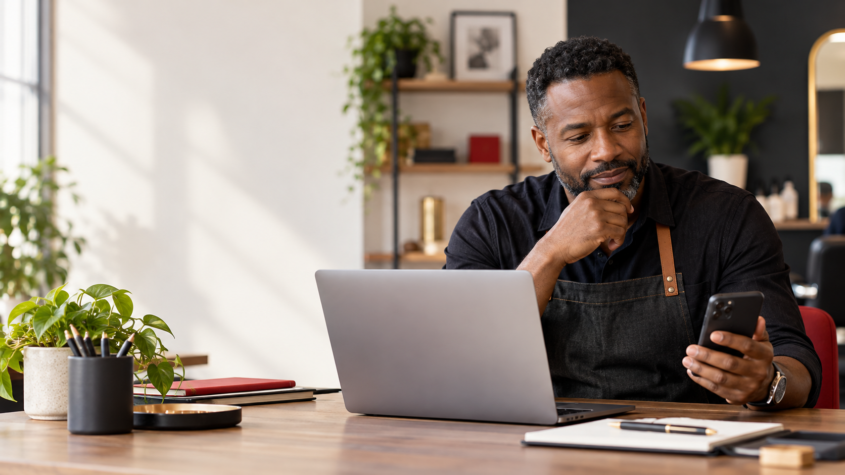 Small business owner comparing email and text message follow-up plans at a laptop