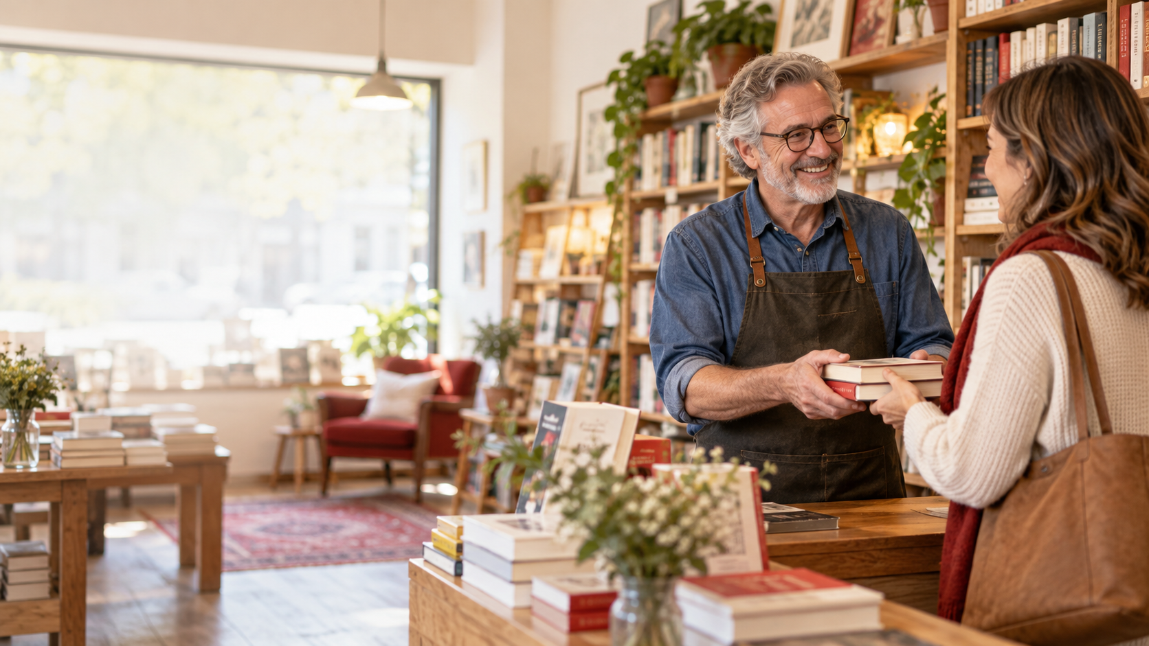 Independent bookstore owner welcoming a returning customer and discussing a new book