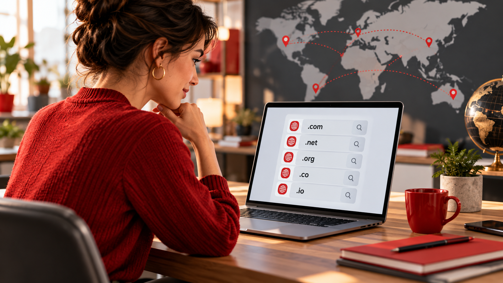 A business owner comparing domain name extensions and website options at a laptop