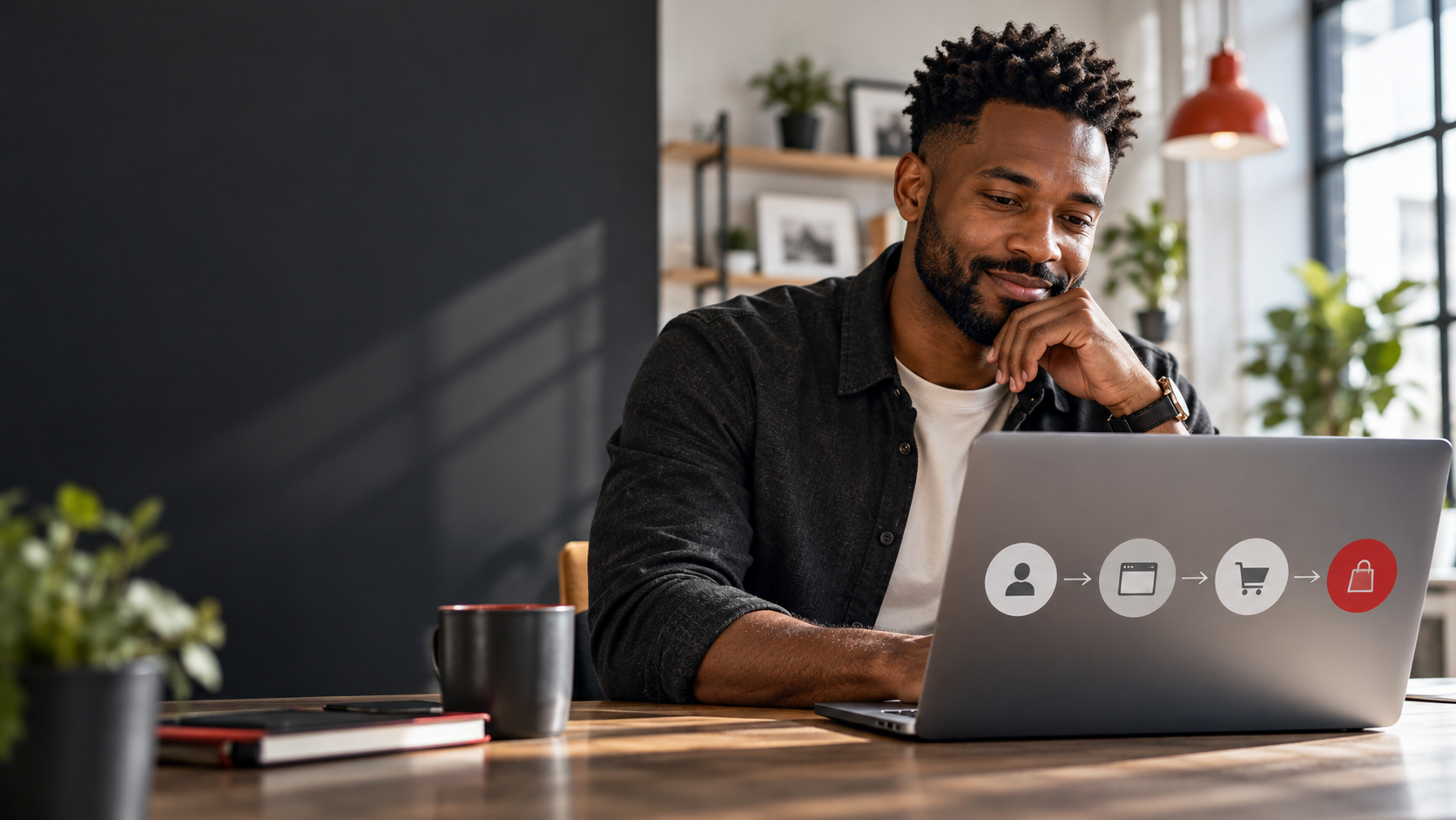Small business owner planning a customer journey funnel at a laptop