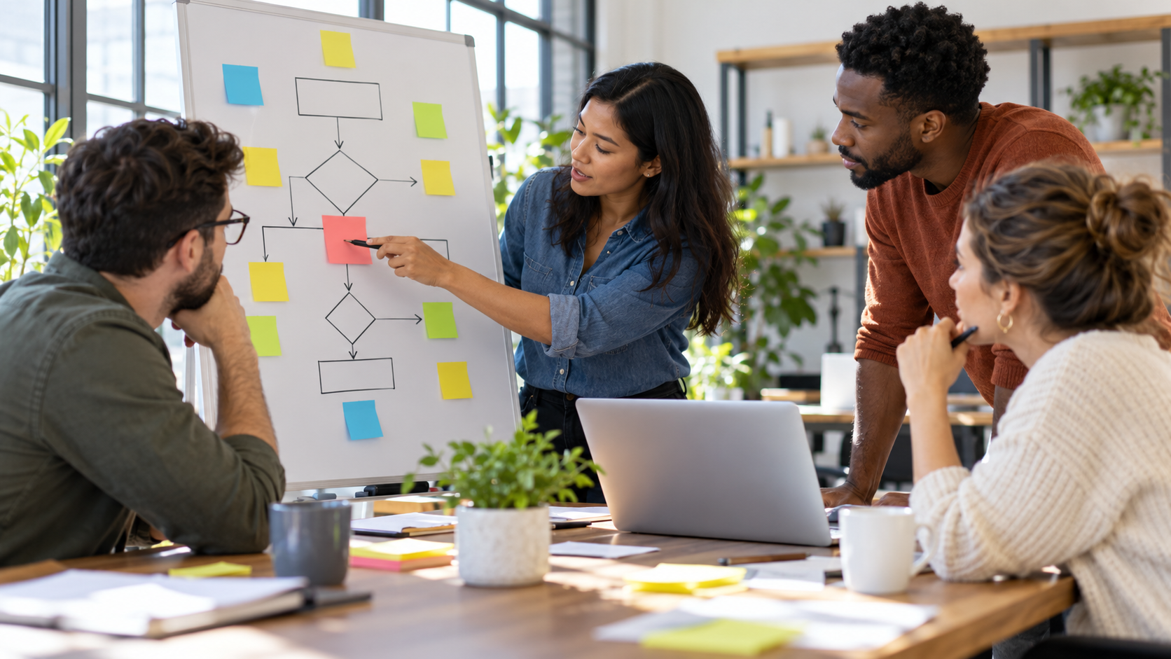 Small business owner planning social media themes and posting dates on a whiteboard