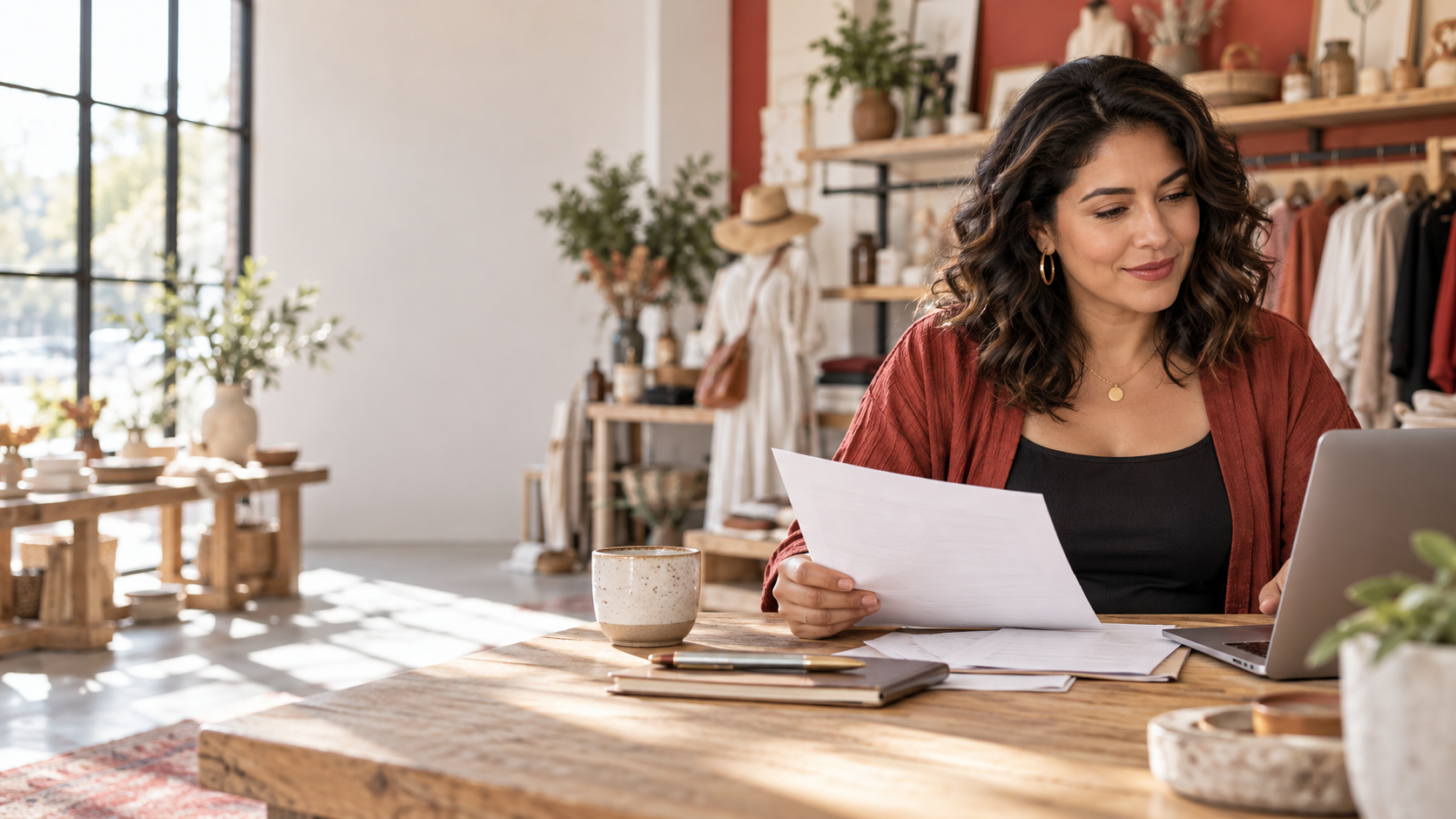 Small business owner planning a marketing budget with a notebook, laptop, and organized campaign charts