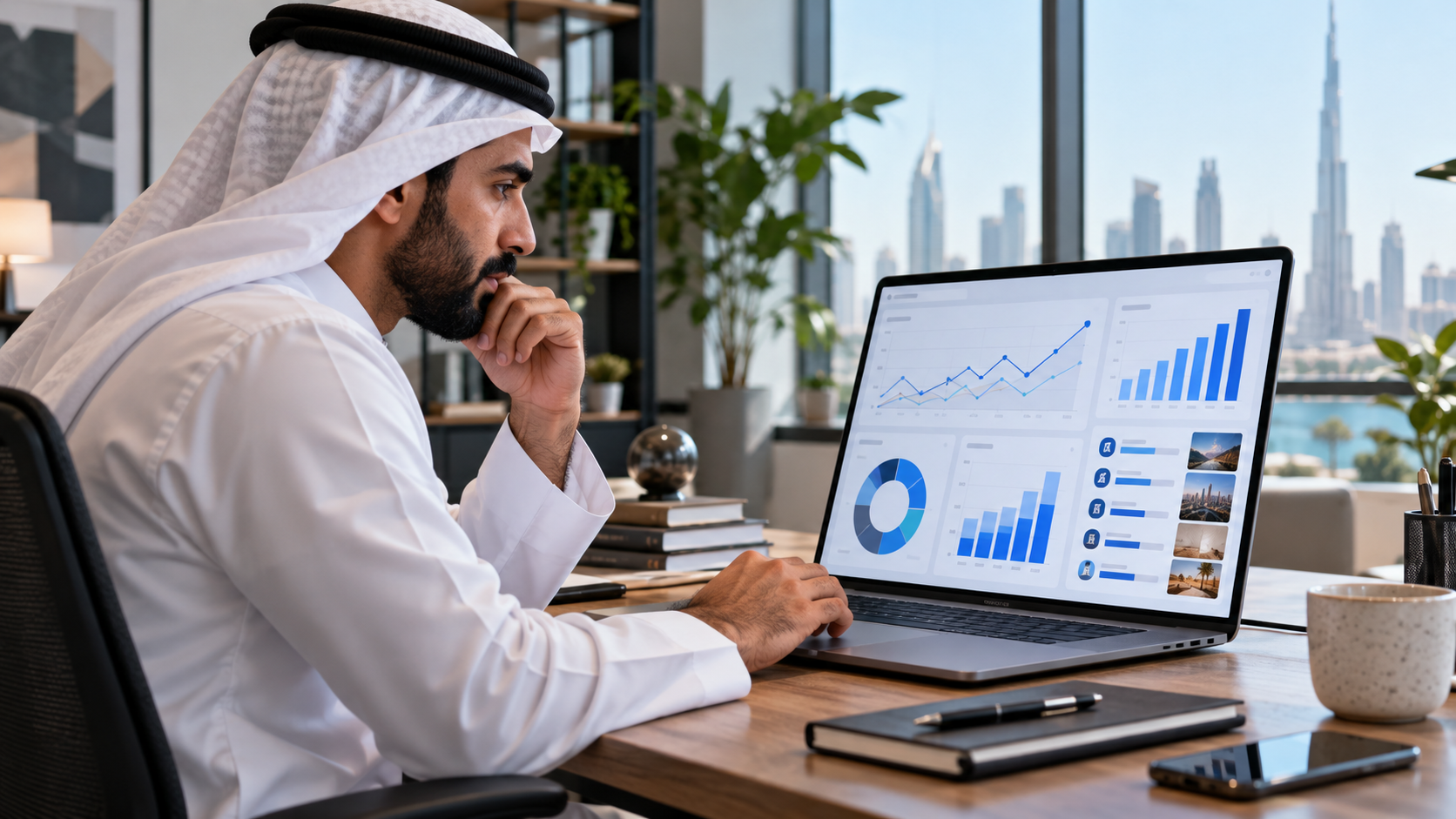 Middle Eastern male marketer reviewing social performance charts on a laptop
