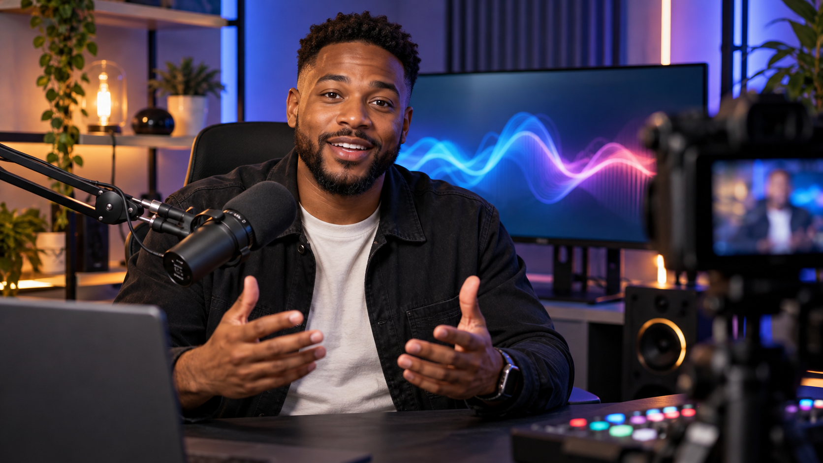 Black male presenter preparing an interactive AI broadcast in a modern studio