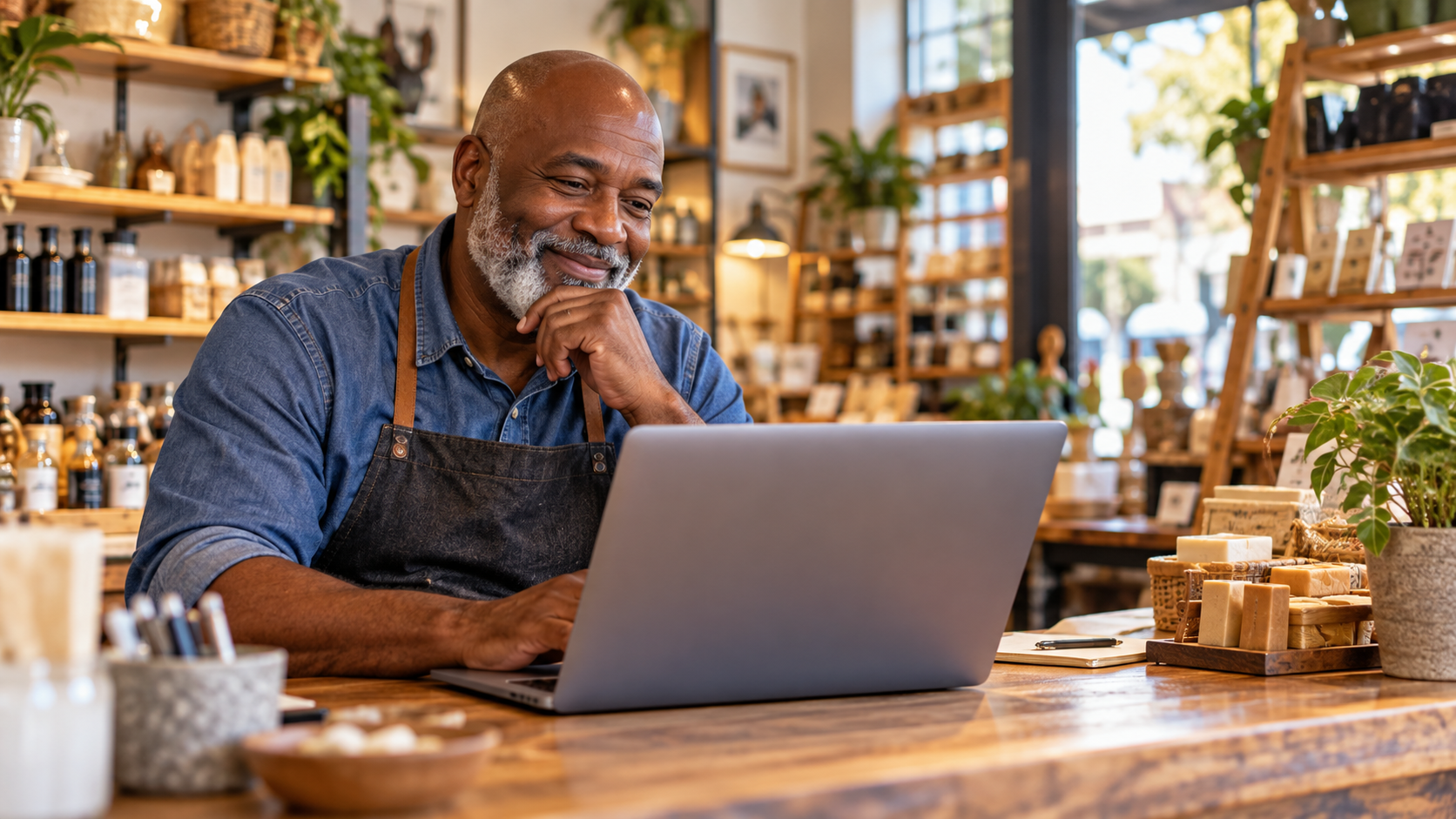 Older Black male business owner reviewing customer reactivation opportunities on a laptop