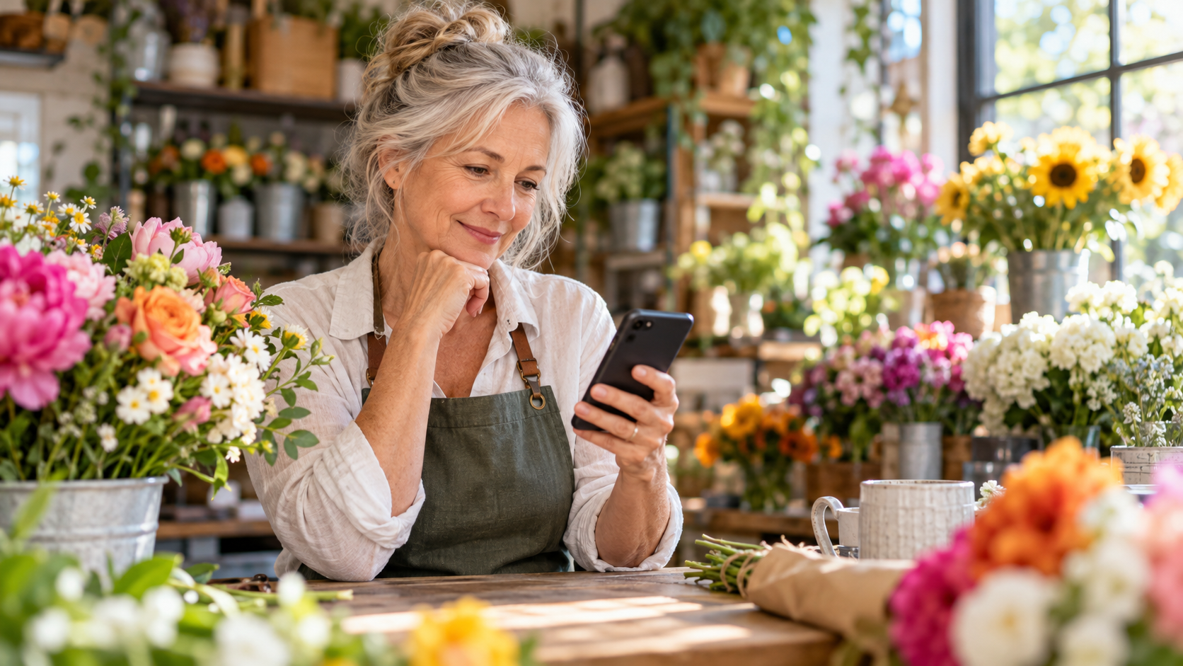 Mature white woman business owner reviewing automated customer messaging on her phone