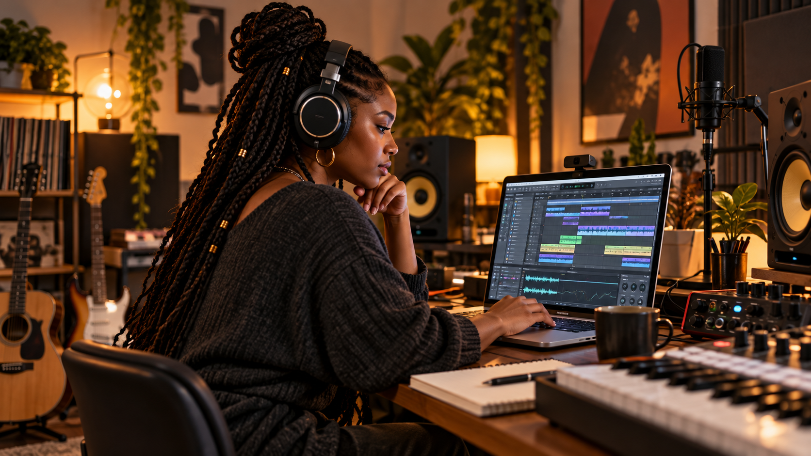 Black woman producer creating music at a laptop in a modern recording studio